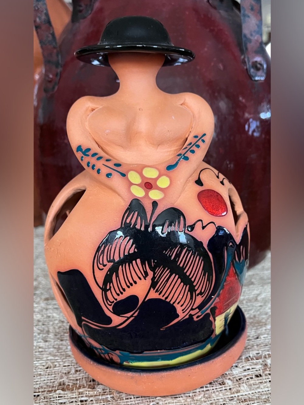 Rare Terracotta Incense burner Candle Holder Signed 9” Tall Handmade